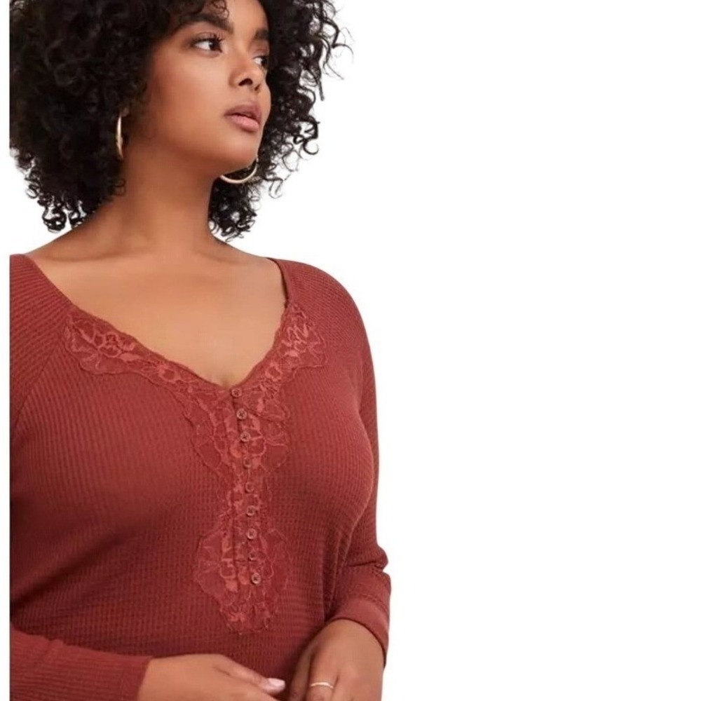 Torrid Burgundy Waffle Knit Lace Trim Long Sleeve Top Plus Size‎ 1